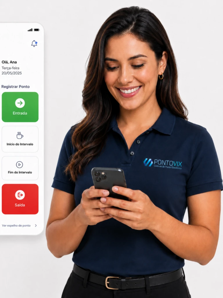 Aplicativo de ponto eletrônico PontoVix: colaboradora registrando entrada e saída pelo celular