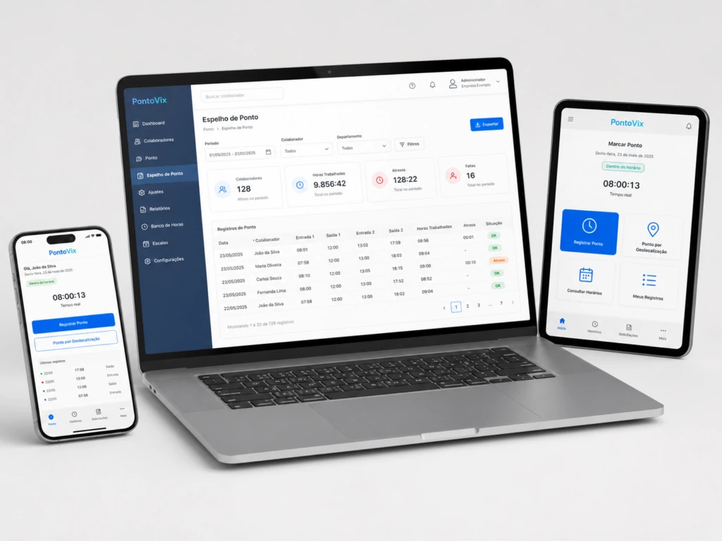 Sistema de controle de ponto online PontoVix: painel gerencial no notebook, no tablet e no celular